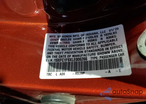 2020 Honda Civic Touring из США, поврежденный, VIN 19XFC1F9XLE006266